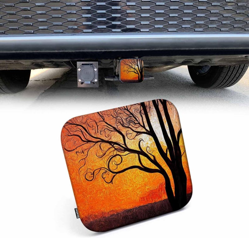 Beabes Trailer Hitch Cover 2 Inch Tree Sunset, Abstract Tree Painting Heavy-Duty Tow Rear Receivers Plug Covers, Golden Orange Sunset 2" Rubber Towing Hitch Cover for Trucks Cars SUVs Sedans - Image 1